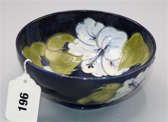 Moorcroft White Hibiscus pattern blue ground bowl